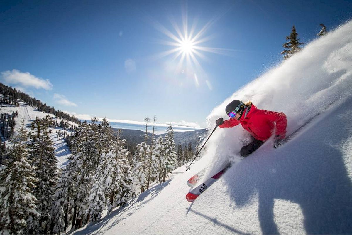 A skier in a red jacket is skiing down a snowy slope, creating a spray of snow under a bright sun, with a scenic mountain background.