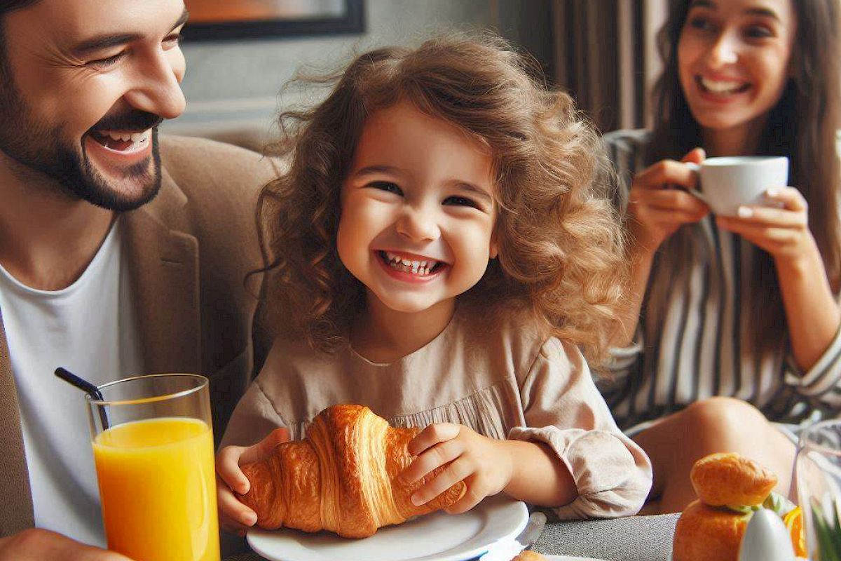 A happy family is enjoying breakfast together, with a child smiling while holding a croissant, surrounded by pastries, drinks, and warm lighting.